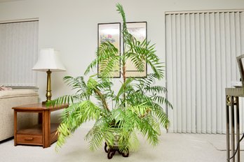 Chinese Planter And Wooden Stand With Live Palm Tree Plant