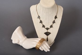 Vintage Japanese K24 Damascene Fan Necklace And Dunn Bros. 10k Gold Filled Bangle Bracelet