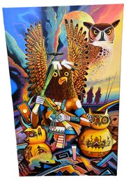 Signed J.C. Black Mongwu Great Horned Owl Kachina Oil Painting On Canvas (RETAIL $800)