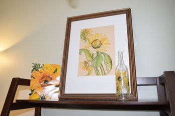 Beautiful Sunflower Lot- Framed Watercolor Painting By Local CT Artist, Hand Painted Wine Bottle & Picture