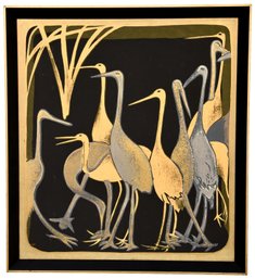 Silk Screen After Japanese Cranes And Reeds Attributed To Ogata Korin