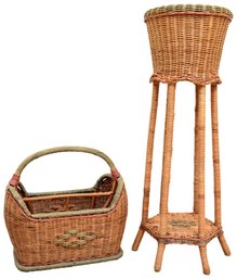 Vintage Wicker Plant Stand And Wicker Magazine Holder