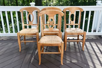 Set Of Four Pottery Barn Napoleon Solid Hardwood Side Chairs With Natural Rush Seats - Made In Italy
