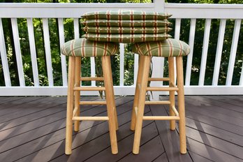 Pair Of Wooden Stools With Matching Set Of Four Chair Seat Cushions