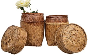 Pair Of Lidded Wicker Baskets With Faux Flowers