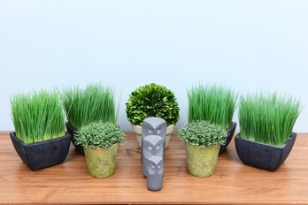 Collection Of Seven Faux Plants And Set Of Three Concrete Grey Modern Decorative Tonad Owls