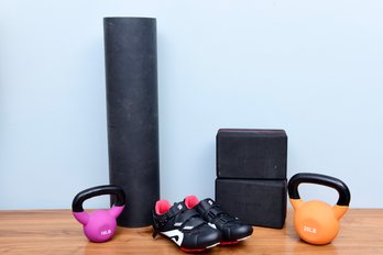 Peloton Mens Bicycle Shoes, Pair Of Yoga Blocks, Exercise Mat And Pair Of Kettlebells