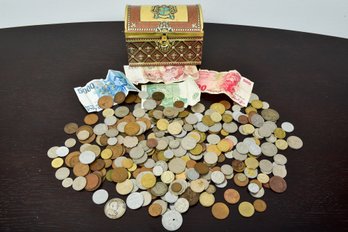 Collection Of Foreign Coins And Paper Money In Tin Box