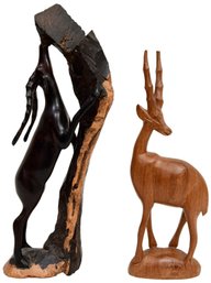 Pair Of Hand Carved African Wooden Antelope Figurines - Made In Kenya