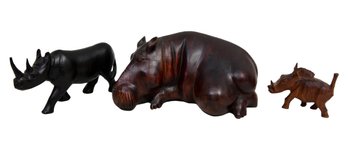 Set Of Three Carved Wood Animal Figurines (Rhinoceros, Hippopotamus, Wart Hog)