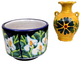 La Maceta Hand Painted Pottery Planter And Handled Vase - Made In Mexico