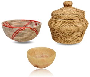 Alabaster Bowl, Bloomingdales Home Studio Collection Rattan Weave Lidded Basket And Coiled Woven Bowl