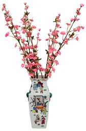 Chinese Hand Painted Porcelain Handled Vase With Faux Flowers