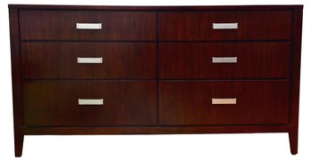 Six Drawer Wood Dresser With Brushed Chrome Bar Pulls