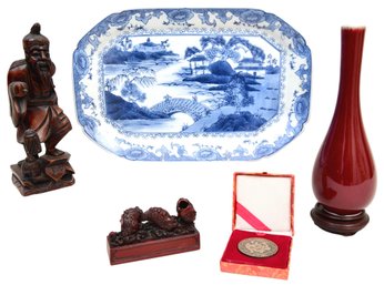 Chinese Collectibles - Signed Porcelain Platter, Gump's Porcelain Vase, Pair Of Figurines And Coin