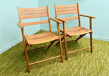 Pair Of Vintage Wooden Slatted Folding Chairs