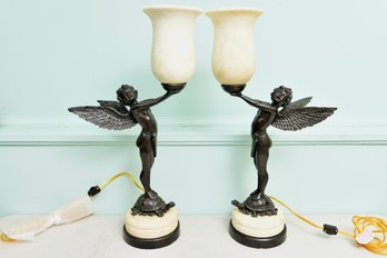Pair Of Alabaster Angel Table Lamps
