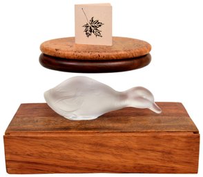 Baccarat Mallard Duck Figurine, Michael Elkan Studio Oregon Maple Burl Box And Hand Made Wood Lidded Box