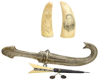 Vintage Dagger Knife And Sheath, Ottoman Knife Bone Handle And Sterling Sheath, Scrimshaw Sperm Whale Teeth