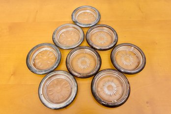 Set Of Eight Glass Coasters With Sterling Silver Rims