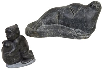 Inuit Soapstone Carving Sculptures Of Walrus And Eskimo And Seal