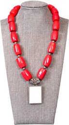 Signed Ex Ex Red Beaded Necklace With Sterling Pendant And Clasp