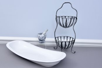 Two Tiered Metal Basket, Oversized Toscano Hand Painted Italian Serving Bowl And Marble Mortar And Pestle Set