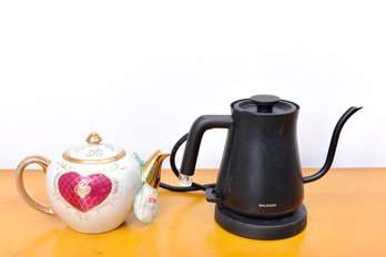 Balmuda Electric Kettle (Model K02H-BK) And Ceramic Hand Painted Teapot