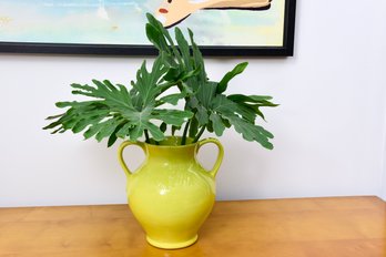 Chartreuse Handled Vase With Live Philodendron Leaves