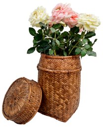 Large Lidded Wicker Basket With Faux Flowers