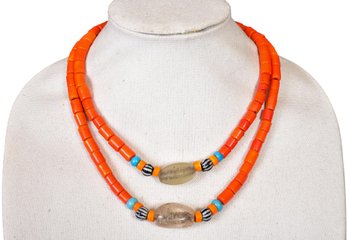 Coral And Turquoise Beaded Necklace With Sterling Silver Clasp