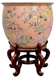 Chinese Hand Painted Ceramic Fishbowl Planter On Wooden Stand