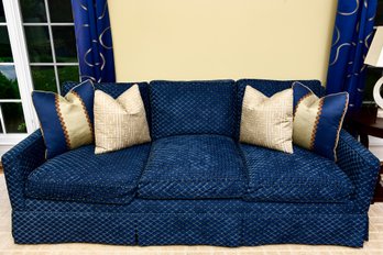 Custom Made Upholstered Three Cushion Sofa In Robert Allen Cirrus Royal Blue Fabric (RETAIL $4,924)