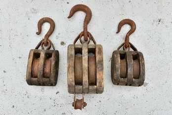 Collection Of Three Double Wooden Block And Tackle Pulley