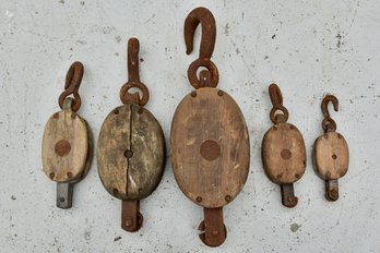 Collection Of Five Wood And Iron Pulleys
