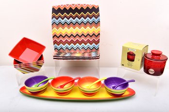 Missoni For Target Melamine Plates And Bowls, NEW Le Creuset Butter Crock, Laurie Gates Sombrero Tray Set