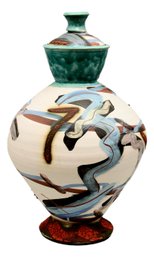 Large Hand Crafted Covered Pottery Urn By Renowned American Potter Woody Hughes