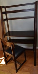 Sleek And Simple Dark Wooden Desk With Four Tiered Shelves Including Desktop With Matching Padded Chair