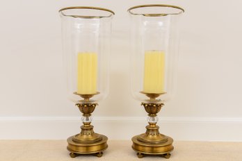 Pair Of Antiqued Solid Brass Hurricane Hand Blown Glass Candle Holders (RETAIL $451)