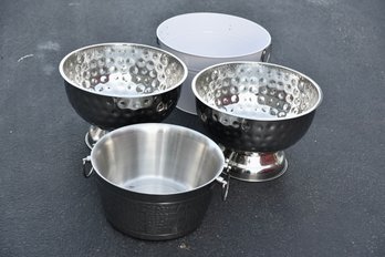 Pair Of Hammered Max Studio Stainless Pedestal Bowls, Palm Restaurant Stainless Large Ice Bucket And More