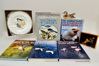 Boehm Porcelain Bird Theme Plate, Five Audubon Books, Inlaid Bird Theme Wall Plaque, And Russian Duck Figurine