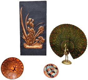 Brass Etched Painted Peacock, Copper Floral Picture, Collection Of Enamel Wear And More