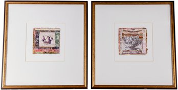 Pair Of Signed Danielle Desplan Original Mixed Technique Framed Drawings Titled 'Pears' And 'Mythology'