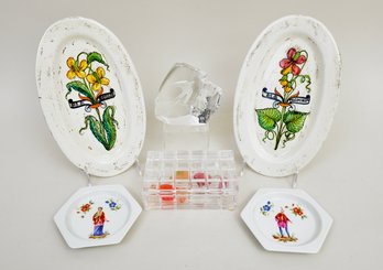 Mats Jonasson Swedish Glass Paperweight, Mottahedeh Hand Painted Trinket Plates, Covered Box With Glass Candy