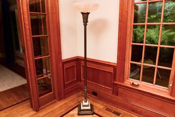 Vintage Torchiere Brass Floor Lamp With Marble Accent Base And Frosted Glass Shade