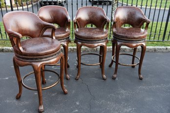 Set Of Four Thomasville Furniture Ernest Hemingway Kenyan Leather Swivel Barstools