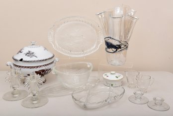 Mora Covered Tureen, Vintage Depression Glass Candlestick Holders, Platters And More