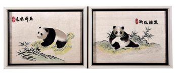 Pair Of Framed Japanese Silk Needlepoint Panda Bear Bamboo Art