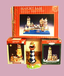 Three Porcelain Lighthouses By Holiday Inspirations,  Hearthside Village And Share The Joy Seaport Base