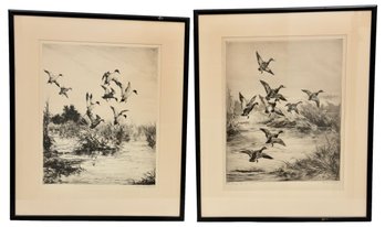 Pair Of Signed Roland Clark Framed Etchings Titled 'Southland March' And 'Mallard Rising Trial No. 3'